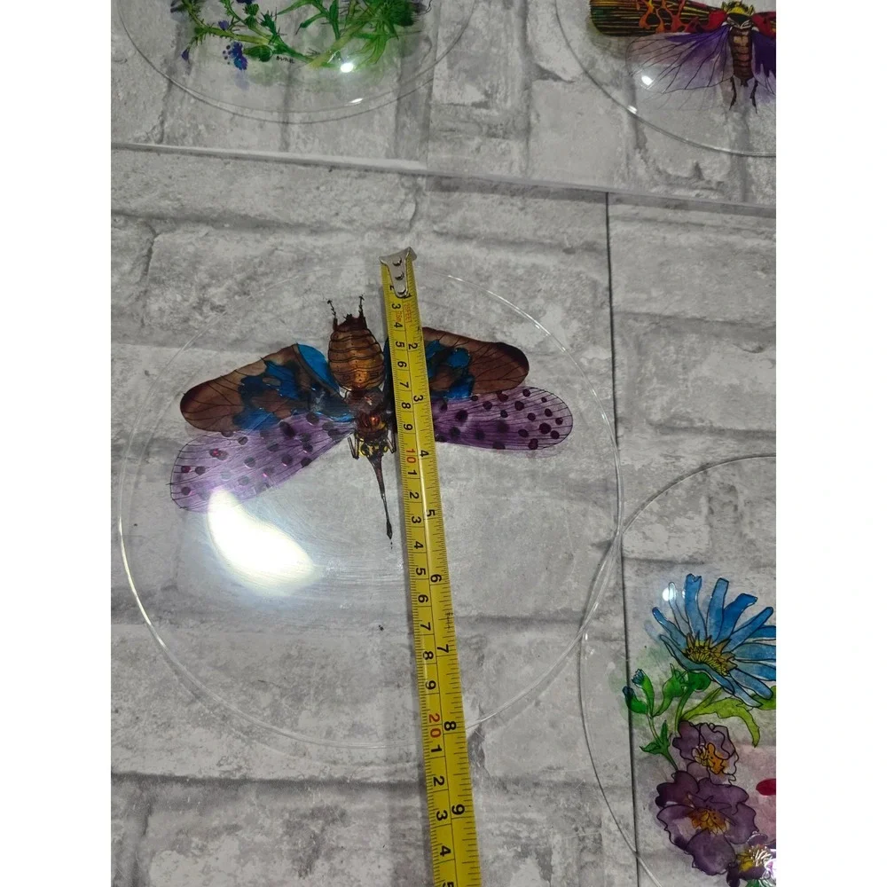 Hand painted‎ Signed Glass Salad Dessert Plates Reverse Floral Entomologist